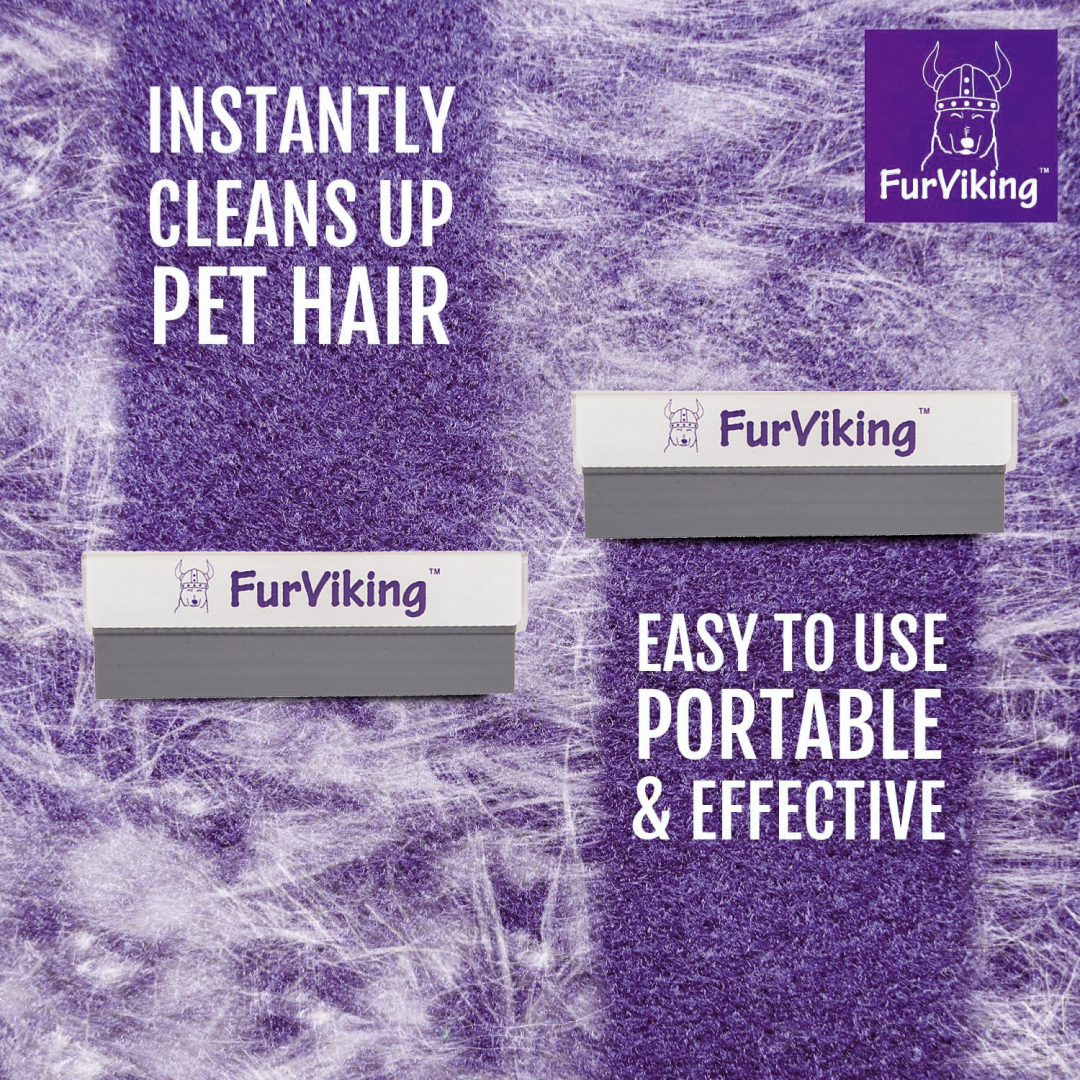 FurViking pet hair remover tool. Two white tools with gray edges are shown, with the FurViking logo and text highlighting the product's ability to instantly remove pet hair and its ease of use.