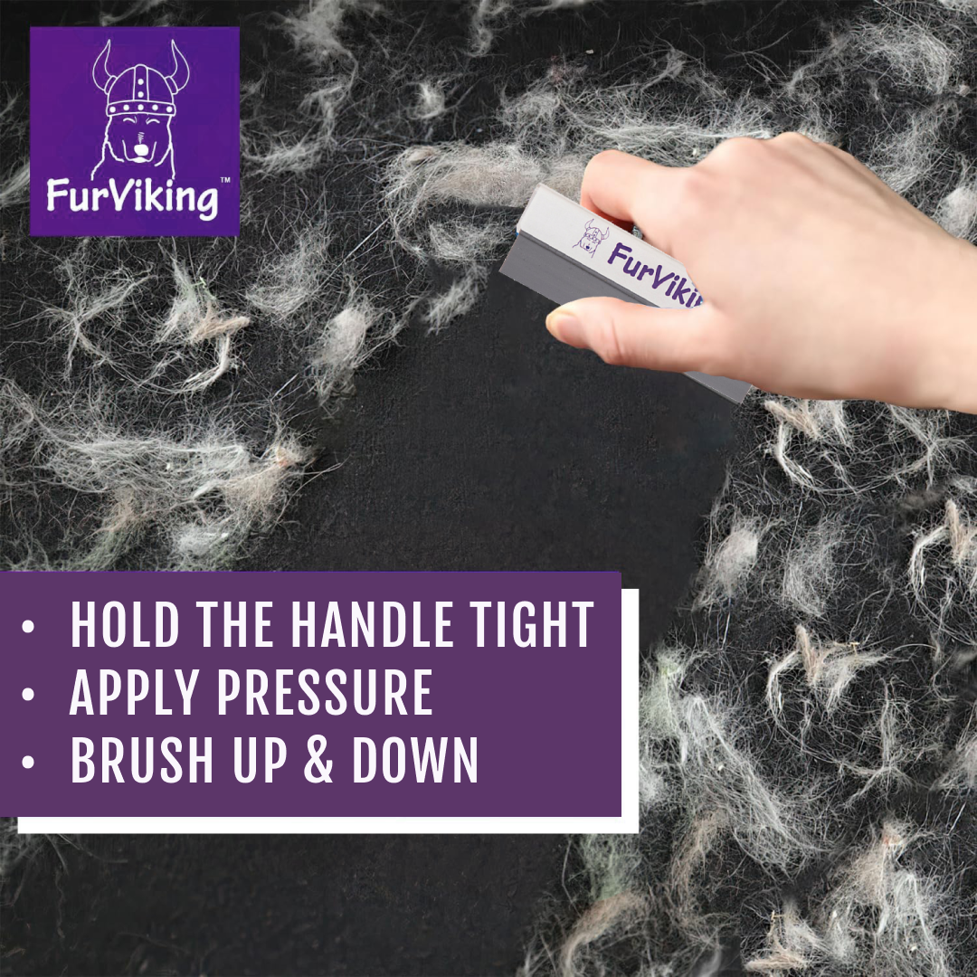 A hand using the FurViking pet hair remover tool on a dark surface covered in pet hair. The tool is gray with a white top and the FurViking logo. Instructions on how to use the tool are listed below the image.