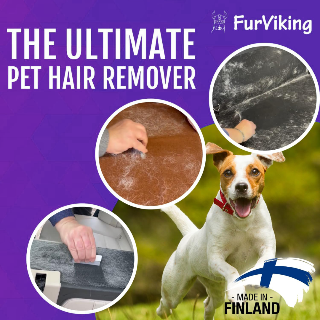 FurViking pet hair remover product image. A collage showing hands using the product to remove pet hair from furniture and a car seat. A happy Jack Russell Terrier dog is featured alongside the Finnish flag. Text reads: "The Ultimate Pet Hair Remover - Made in Finland."