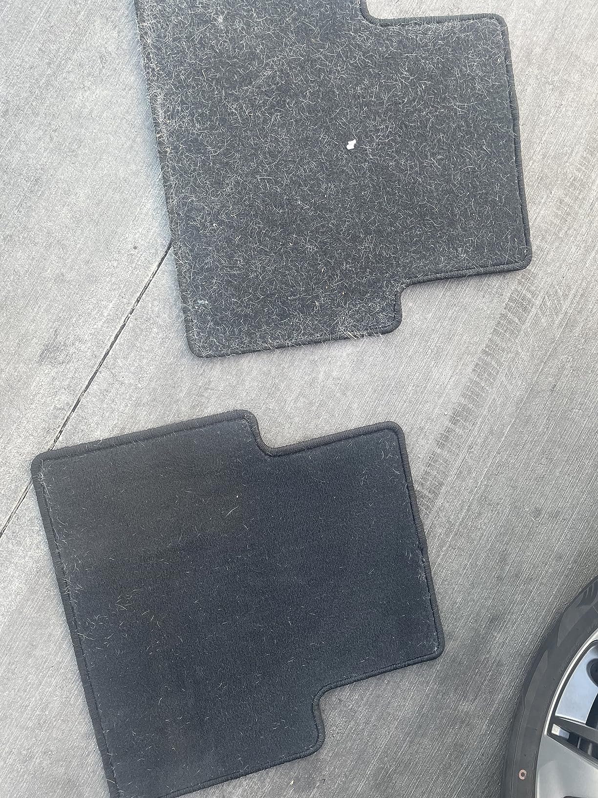 Two black car floor mats with visible pet hair and dirt.