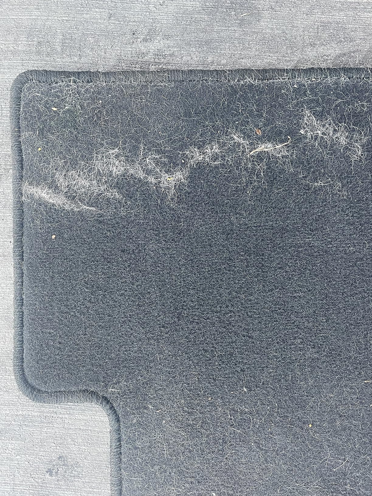 Close-up of a black car floor mat with white pet hair gathered in a corner.